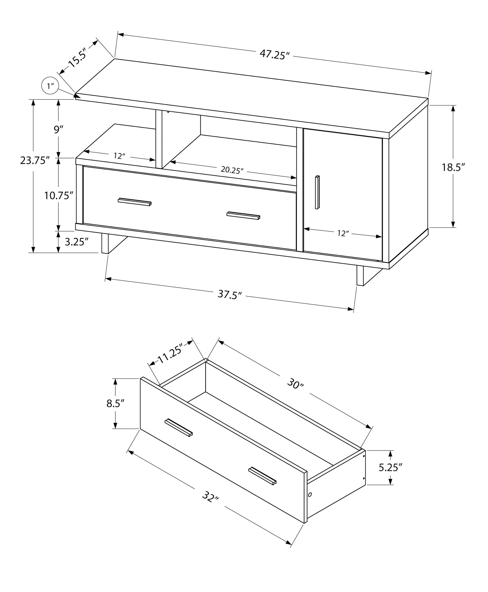 TV STAND - 48"L / BLACK / GREY TOP WITH STORAGE